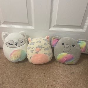 white fox, pig, and rainbow elephant squishmallow
